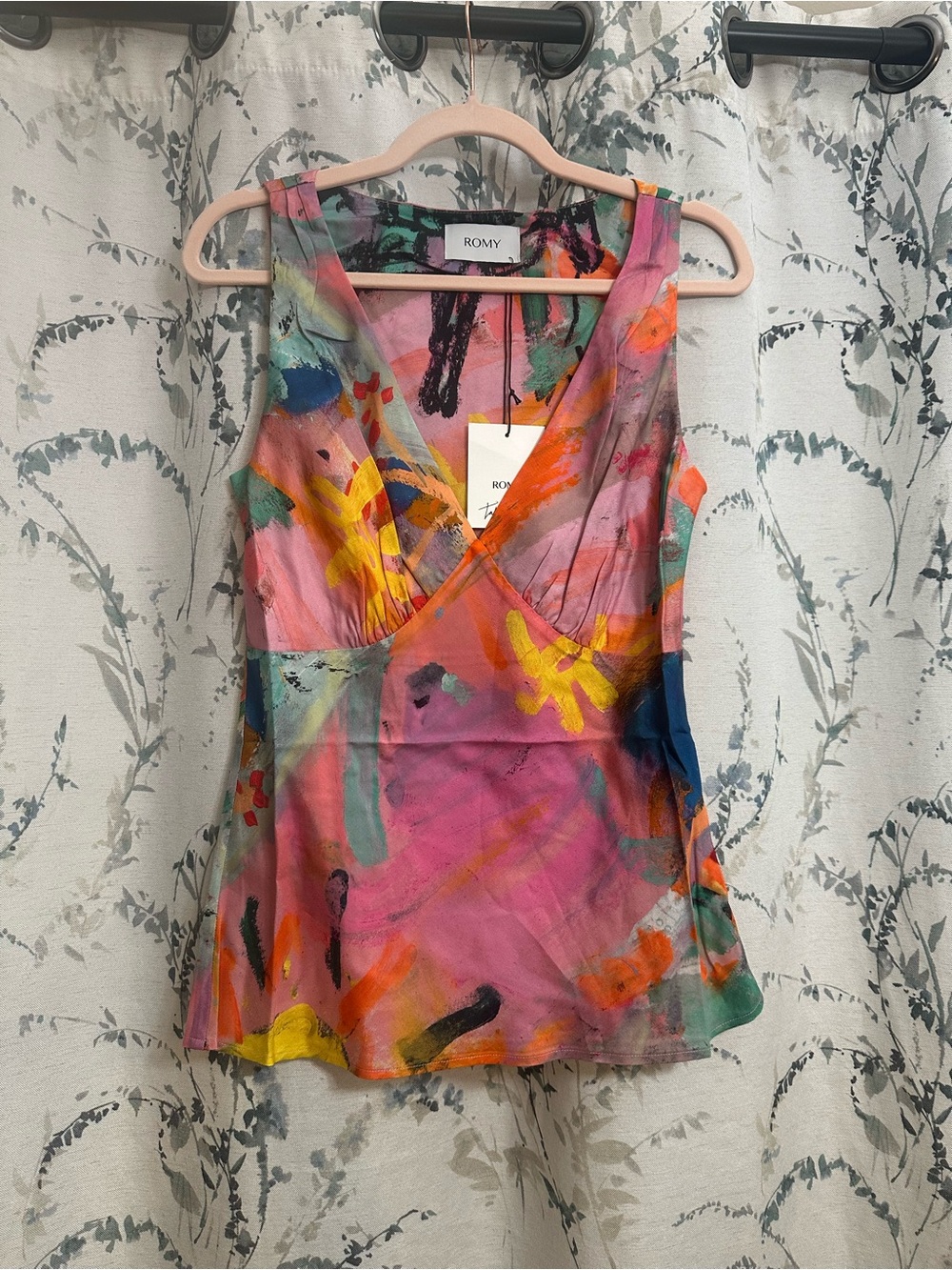 Romy Pink Multi Abstract Paint-Print Sleeveless V-Neck Top